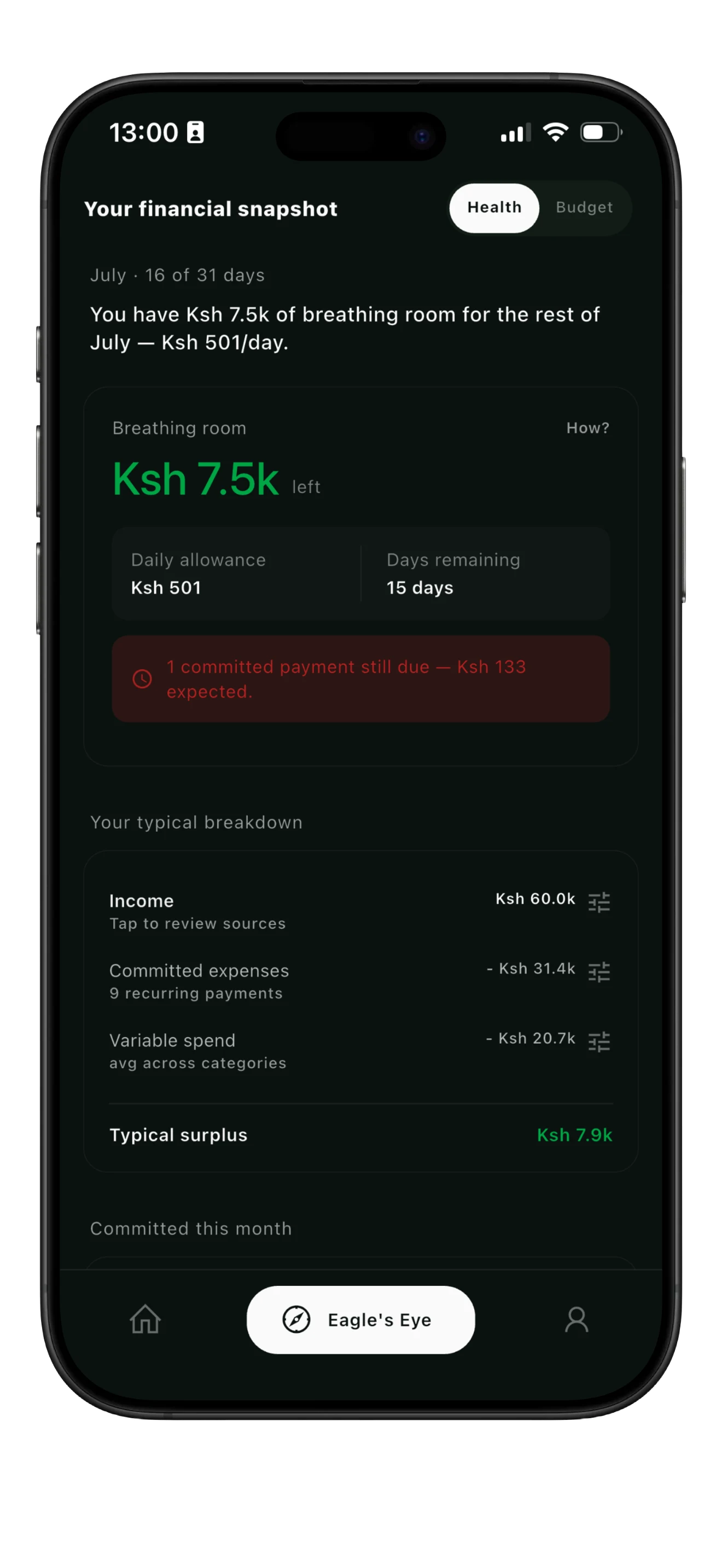 Maganji budgeting app Kenya — breathing room snapshot screen for M-Pesa spending
